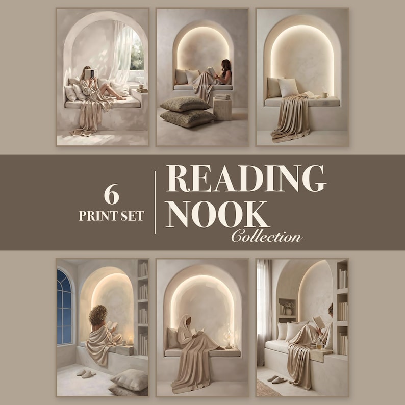 Grid of 6 reading nook prints with a band reading 6 Print Set, Reading Nook Collection