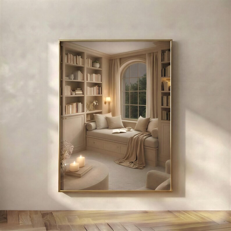 Cozy reading nook wall art printable with arched library window and built-in bookshelves, neutral japandi book nook digital download for book lovers