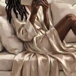 Close-up detail from Black Woman Reading Art Print, a cropped fragment of the printable artwork showing the painted texture, soft light and colour up close.