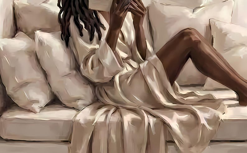 Close-up detail from Black Woman Reading Art Print, a cropped fragment of the printable artwork showing the painted texture, soft light and colour up close.