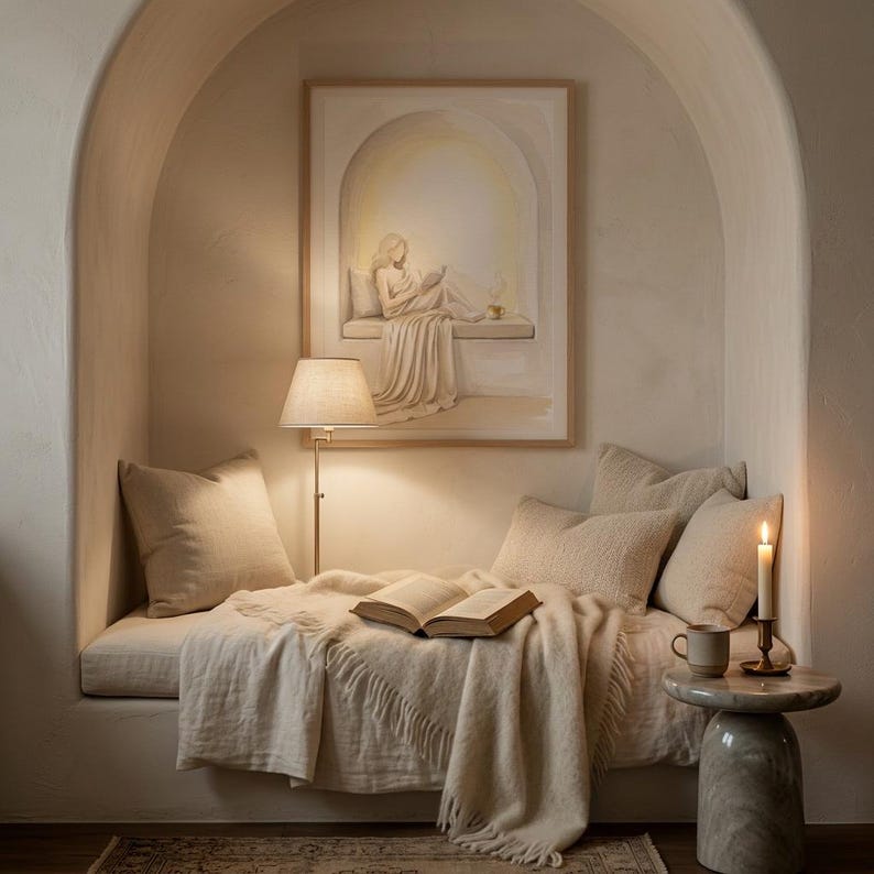 Woman reading nook wall art in a contained reading corner with a cushioned seat, soft plaster arch, and a thin gold frame, no mat.