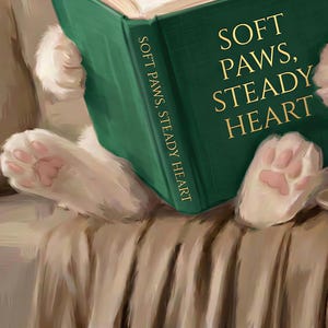 Close-up of the kitten print: the green book held between two white paws, with Soft Paws, Steady Heart lettered in gold on the cover and again down the spine