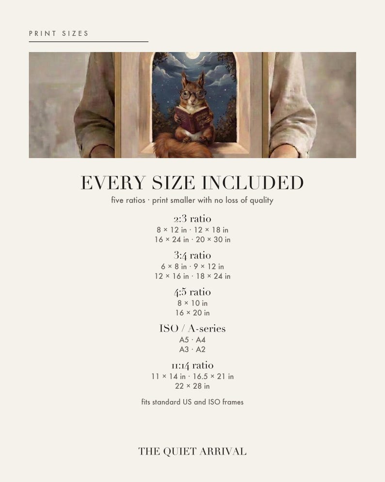 Size chart card listing every print size included for each aspect ratio in this download.