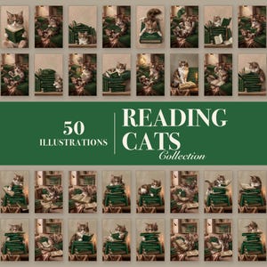 Grid of 50 reading cat illustrations with a band reading 50 Illustrations, Reading Cats Collection