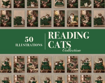 Cat Wall Art Bundle | 50 Reading Illustrations | Book Lover Gift