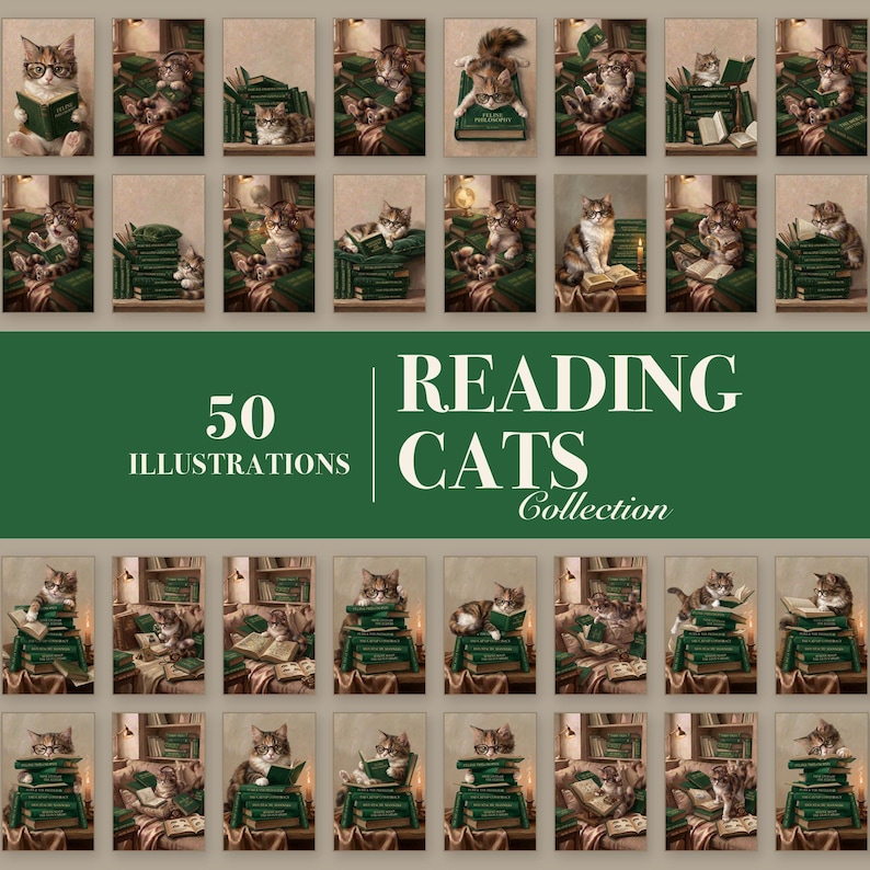 Grid of 50 reading cat illustrations with a band reading 50 Illustrations, Reading Cats Collection