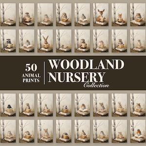 Grid of 50 woodland nursery animal prints with a band reading 50 Animal Prints, Woodland Nursery Collection