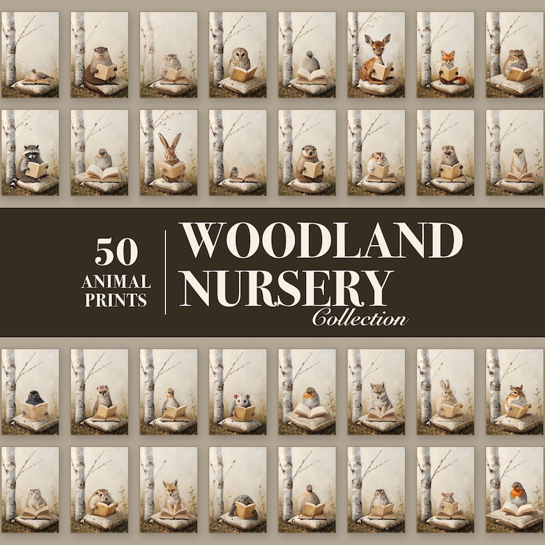 Grid of 50 woodland nursery animal prints with a band reading 50 Animal Prints, Woodland Nursery Collection