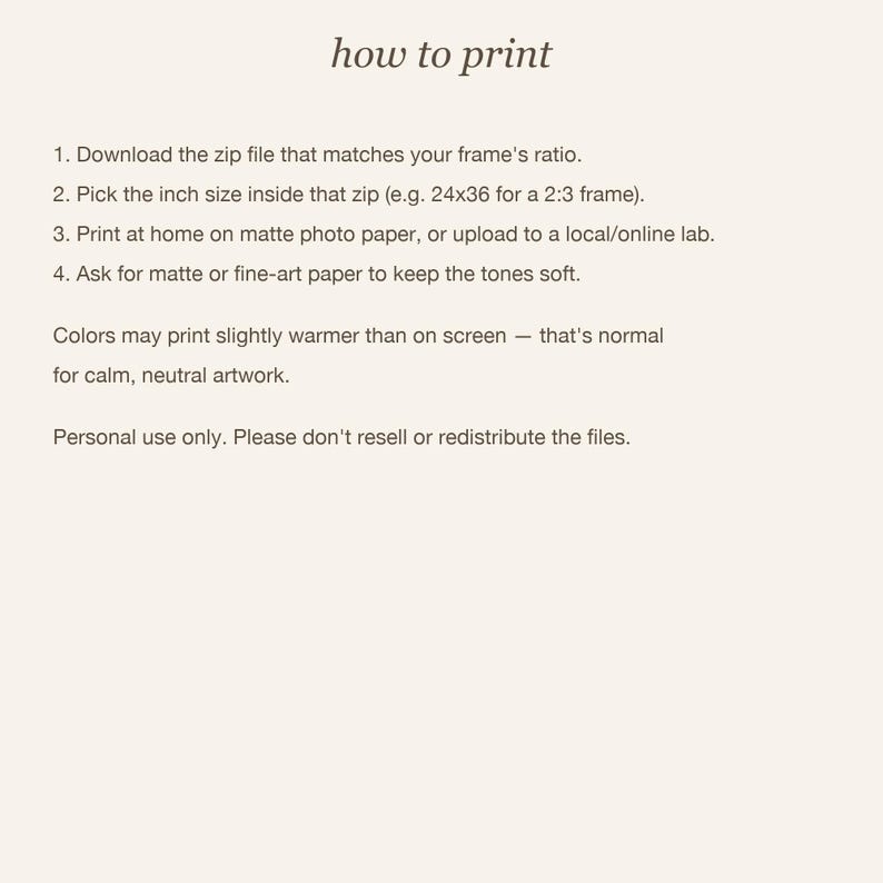 How to download and print your You Are Allowed to Pause digital art at home or at a print shop. neutral printable wall art, minimalist home decor, Japandi style, calm living room decor, slow living digital download.