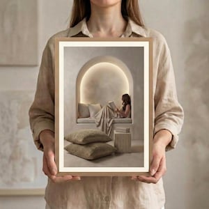 K&ouml;nnte beinhalten: Ein rechteckiger gerahmter Kunstdruck, der eine Person zeigt, die in einer bogenf&ouml;rmigen Nische sitzt und ein Buch liest. Die Szene umfasst zwei strukturierte beige Bodenkissen, einen kleinen Beistelltisch aus Holz und sanftes Licht.