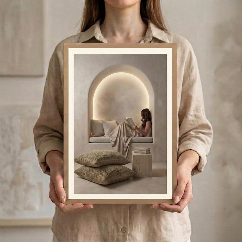 K&ouml;nnte beinhalten: Ein rechteckiger gerahmter Kunstdruck, der eine Person zeigt, die in einer bogenf&ouml;rmigen Nische sitzt und ein Buch liest. Die Szene umfasst zwei strukturierte beige Bodenkissen, einen kleinen Beistelltisch aus Holz und sanftes Licht.