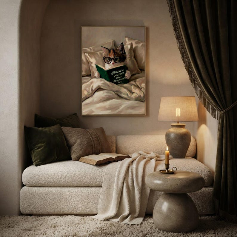 The framed print in a cushioned reading nook with a knitted throw and a low brass lamp