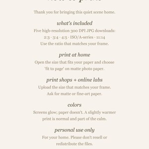 How-to-print guide explaining home printing, print shops, included file ratios, and personal-use terms.