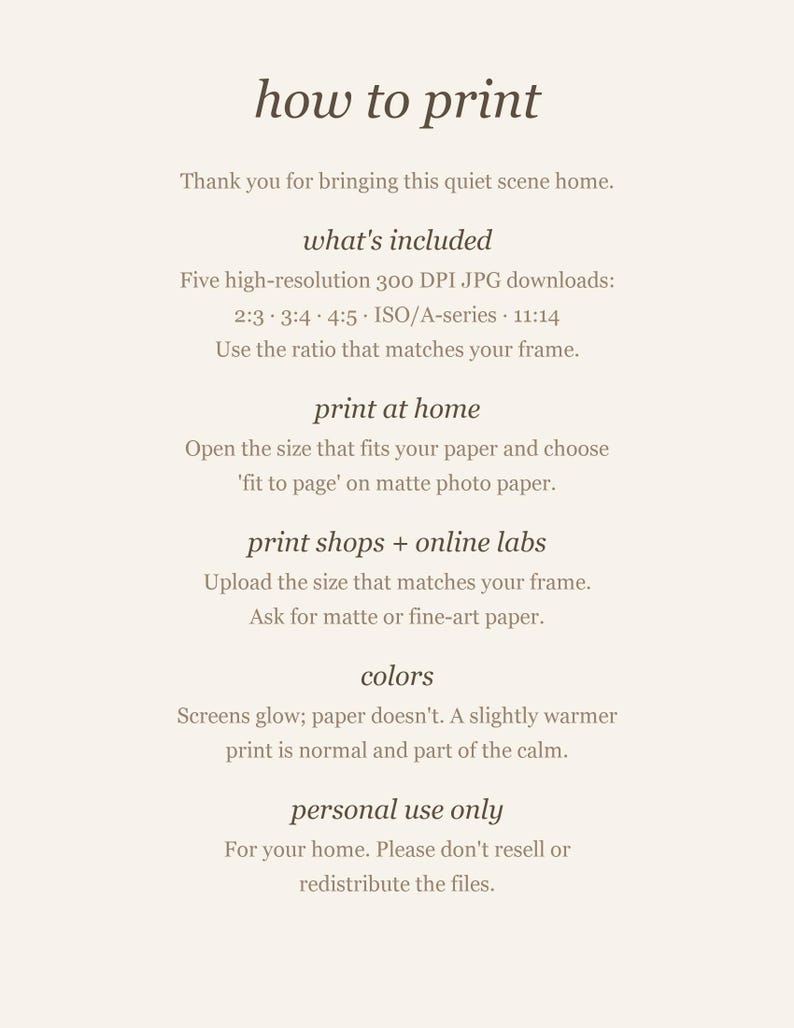 How-to-print guide explaining home printing, print shops, included file ratios, and personal-use terms.