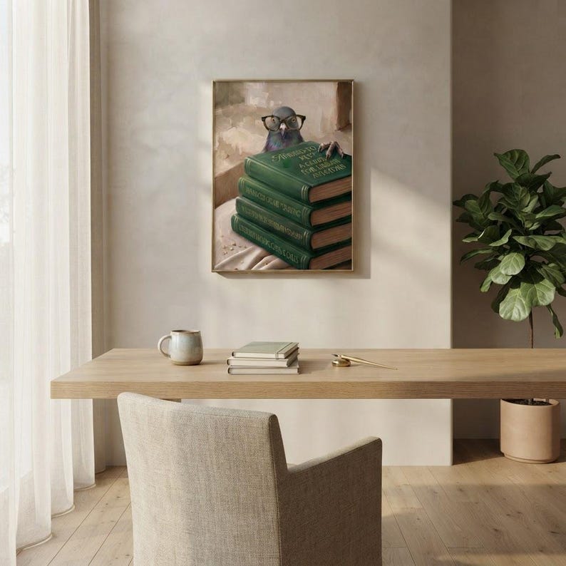 Pigeon in round glasses peeking over books print framed above a restrained workspace with pale walls and a natural linen chair