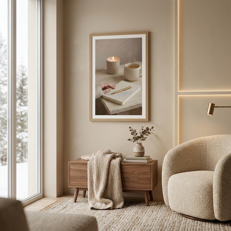 Evening journal ritual wall art printable beside large window with console table and textured armchair, neutral beige slow living interior