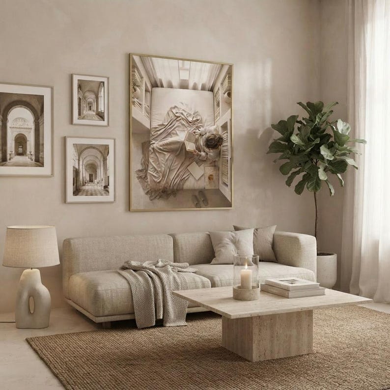 The quiet night in print framed as the focal point of a calm neutral interior. neutral printable wall art, minimalist home decor, Japandi style, calm living room and bedroom decor, slow living digital download.