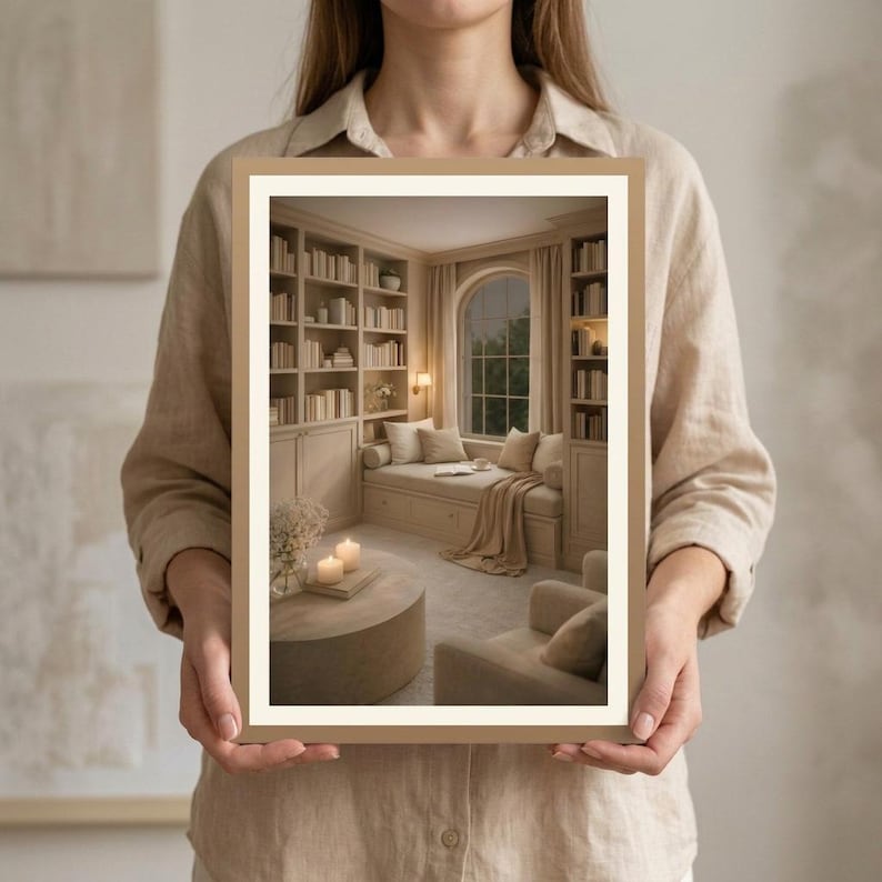 Reading nook wall art printable held by person showing scale, neutral book lover gift digital download