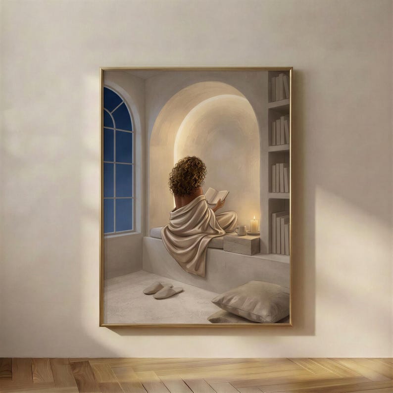 By Candlelight print in a gold frame: a curly-haired woman wrapped in a satin throw reading in a glowing alcove beside a blue arched night window and built-in bookshelves.