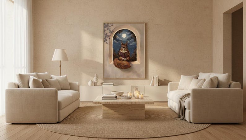 Wide view of a neutral living room with the squirrel reading print framed above a low linen sofa in soft daylight