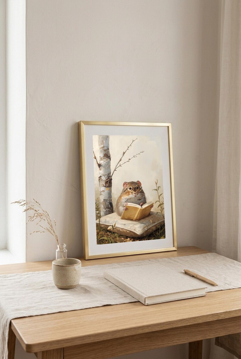 Framed print of a chipmunk in round glasses reading a book, leaning on a wooden desk beside a small vase and notebook in soft daylight