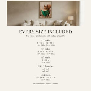Print size chart for the red squirrel reading art print showing every included ratio and dimension, from 2:3 and 3:4 through 4:5, ISO A-series and 11:14