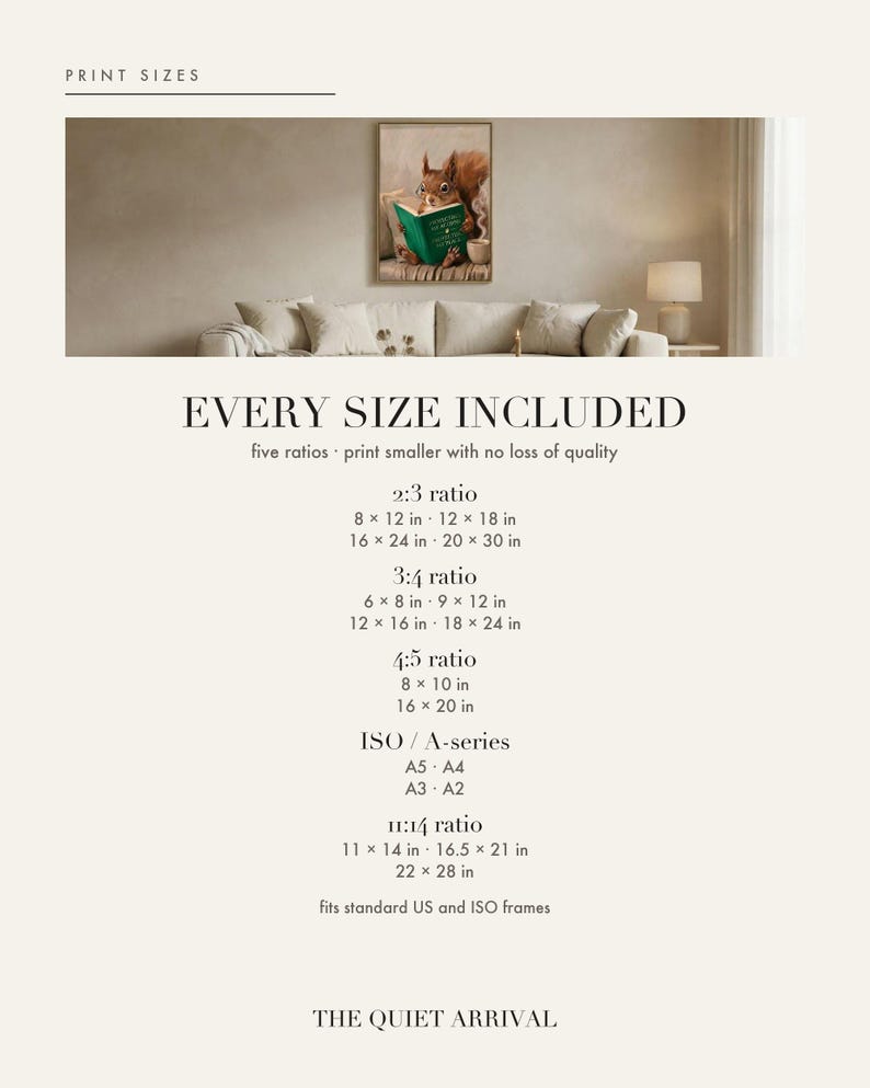 Print size chart for the red squirrel reading art print showing every included ratio and dimension, from 2:3 and 3:4 through 4:5, ISO A-series and 11:14