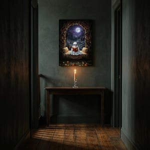 The graveyard arch ghost reading print framed alone in a dim charcoal-green hallway above a console with a single lit candle