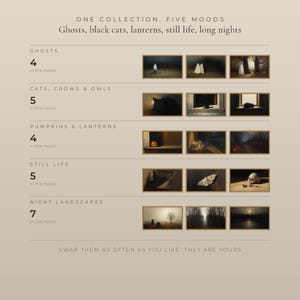 The 25 artworks sorted into five moods: ghosts, cats, crows and owls, pumpkins and lanterns, still life, and night landscapes, with three previews of each