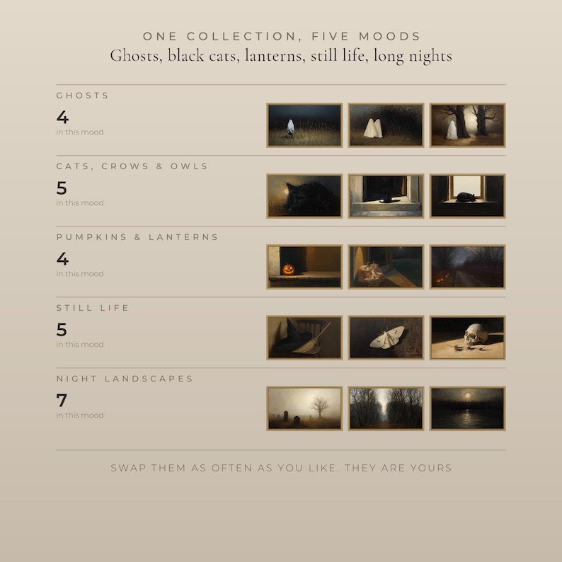 The 25 artworks sorted into five moods: ghosts, cats, crows and owls, pumpkins and lanterns, still life, and night landscapes, with three previews of each