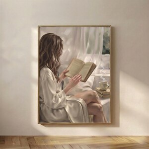 May include: A painting of a person with long brown hair wearing a cream-colored robe, sitting and reading an open book. Beside them, a steaming mug rests on a stack of two books. The scene is set near a window with sheer white curtains.