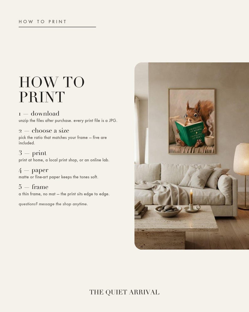 Five step guide to downloading, unzipping, choosing a size, printing and framing the red squirrel reading art print