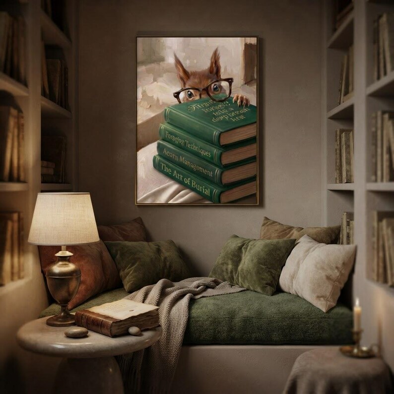 Framed squirrel peeking over books print in a quiet reading corner beside a low sofa and a small lamp