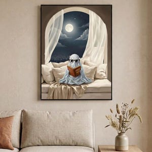 The moonlit bed ghost reading print framed in a calm neutral living room above a linen sofa