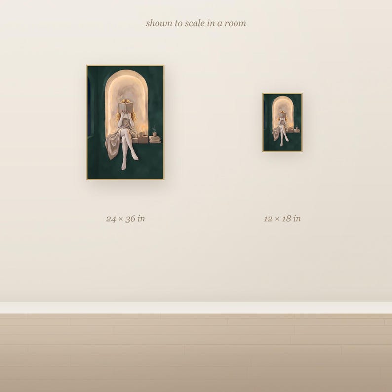 Scale comparison showing the blonde woman reading in an emerald green arched nook art print at 24x36 inches next to 12x18 inches on a wall.