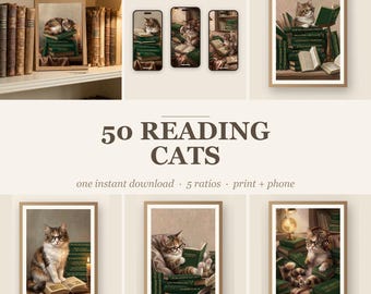 Set met muurdecoratie met kattenmotief | 50 illustraties van lezende katten | Cadeau voor boekenliefhebbers