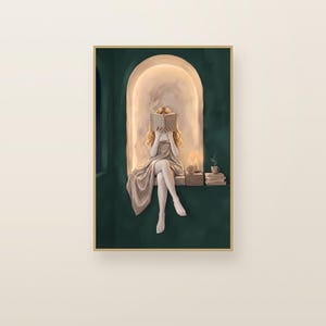 Blonde woman reading in an emerald green arched nook. Emerald green printable wall art shown framed on a plain wall.
