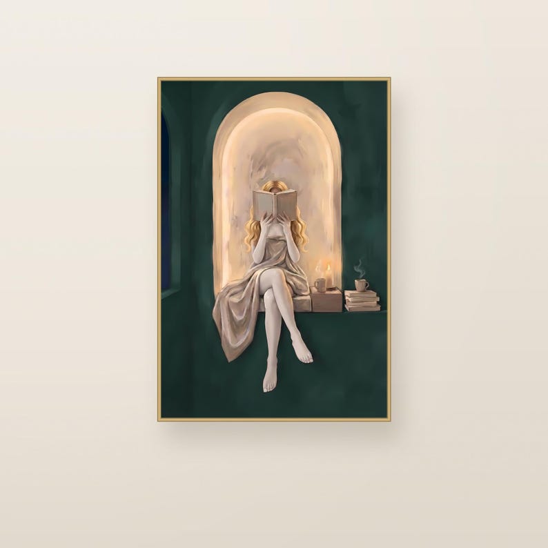 Blonde woman reading in an emerald green arched nook. Emerald green printable wall art shown framed on a plain wall.