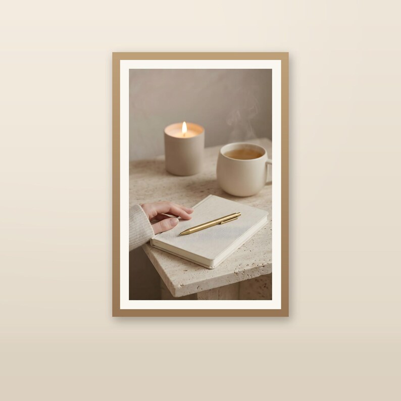 Evening journal ritual wall art printable full view of hand writing beside candle and cup, neutral beige slow living digital download