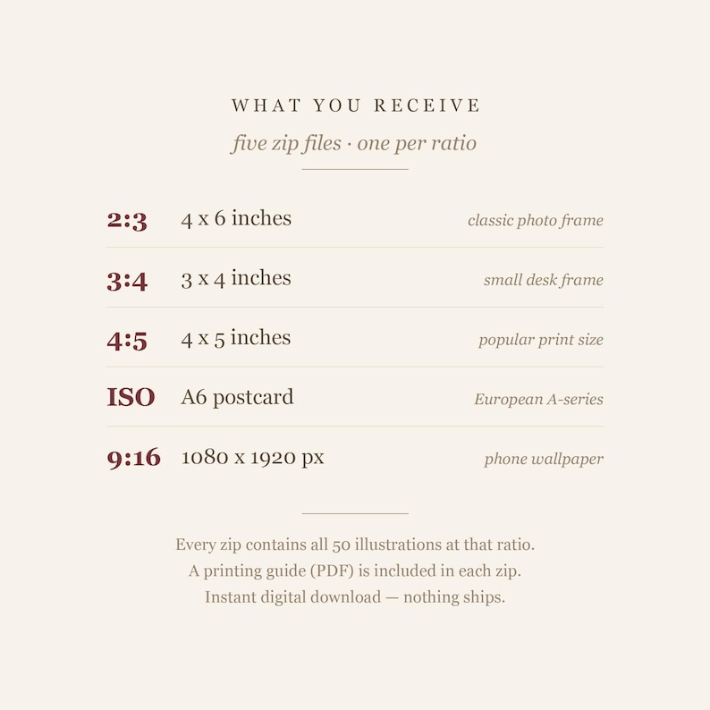 What you receive card listing the five aspect ratios and print sizes included in the squirrel illustration bundle
