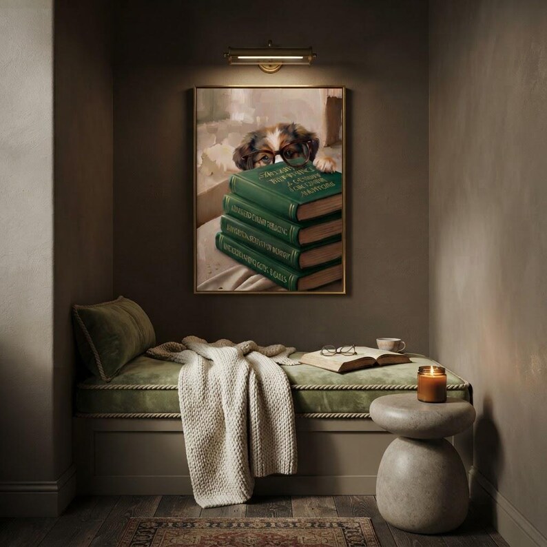 Framed dog peeking over books print in a quiet reading corner beside a low sofa and a small lamp