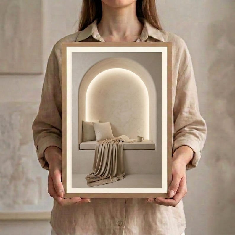 Hands holding a framed neutral reading nook wall art print in natural oak with a cream mat, showing the arched reading niche, soft cushions, and draped linen in warm beige tones.