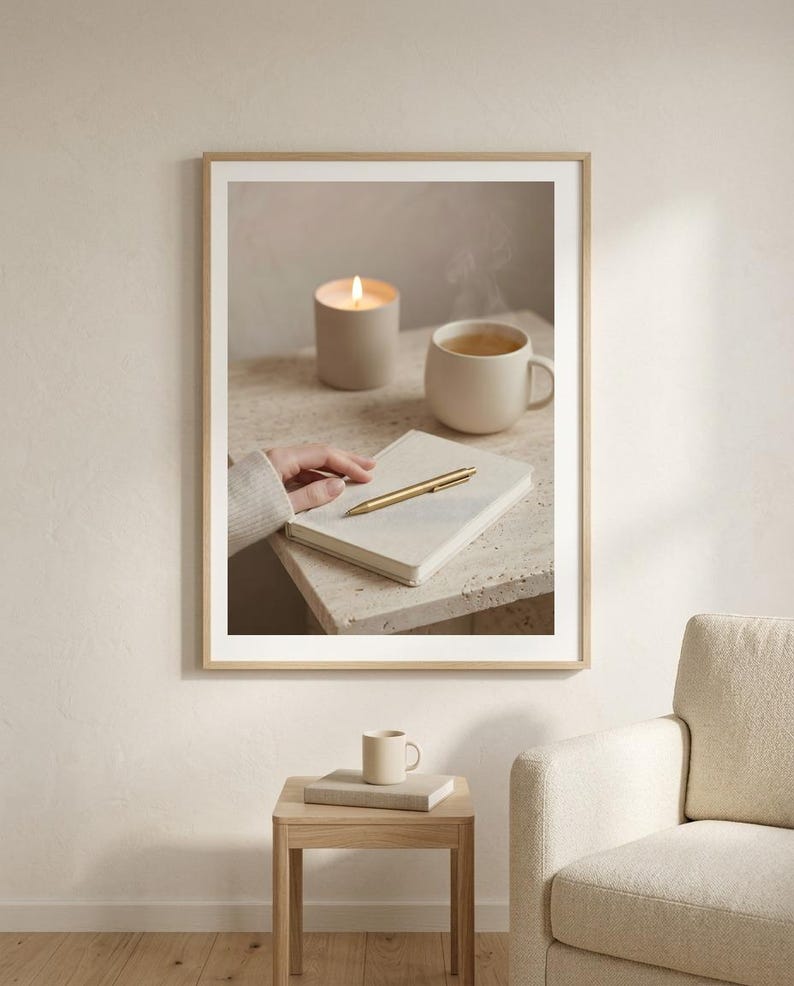 Evening journal ritual wall art printable above wooden side table with white armchair, neutral beige home office decor mockup