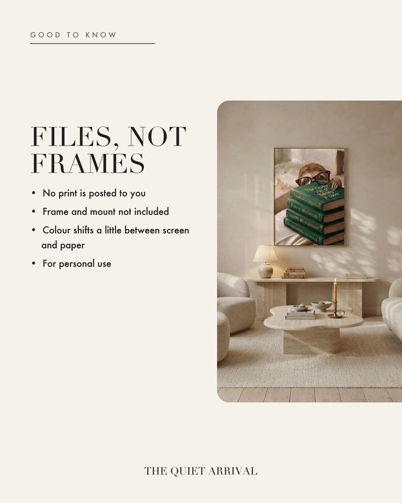 Detail insert card showing The Gentle Art of Taking It Slow print framed on a warm plaster wall