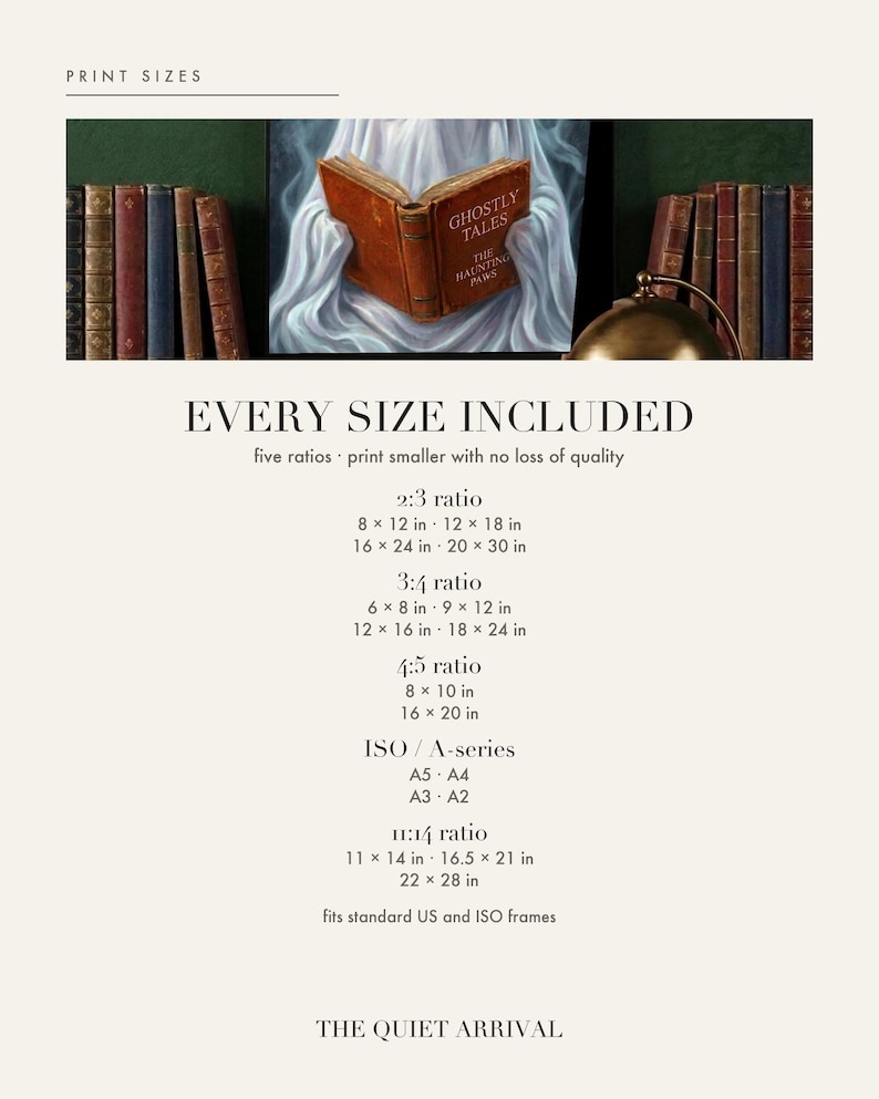 Size chart card listing every print size included for each aspect ratio in this download.