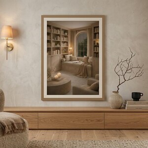 Reading nook wall art printable above wooden media console with textured armchair and dry branches, neutral book nook home decor mockup