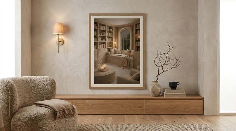 Reading nook wall art printable above wooden media console with textured armchair and dry branches, neutral book nook home decor mockup