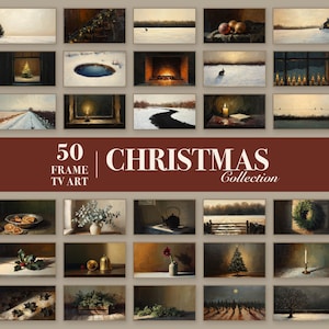 Grid of 50 vintage Christmas Frame TV artworks with a band reading 50 Frame TV Art, Christmas Collection