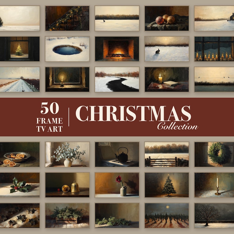 Grid of 50 vintage Christmas Frame TV artworks with a band reading 50 Frame TV Art, Christmas Collection