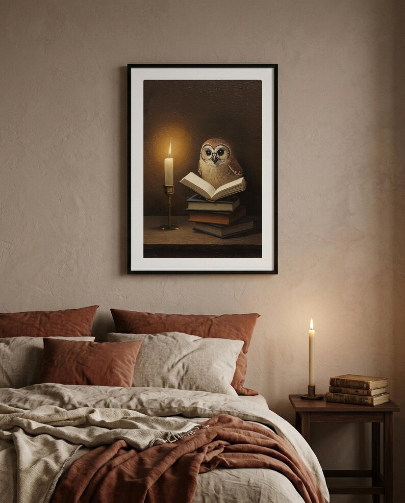 Framed tawny owl reading print above a bed with terracotta and cream linen